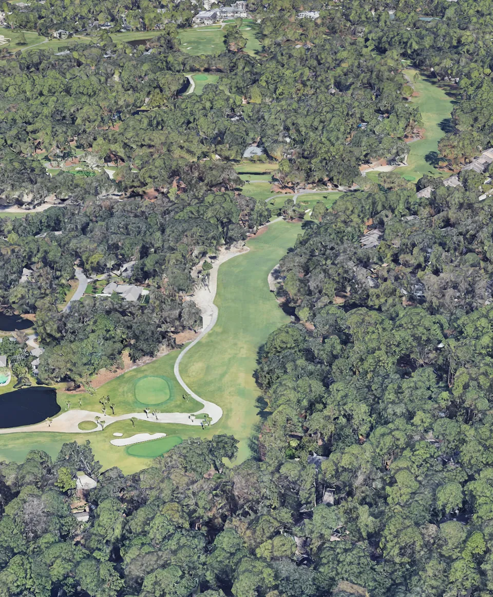 Aerial 3D view of hole 6, looking down the hole from behind the Blue tee