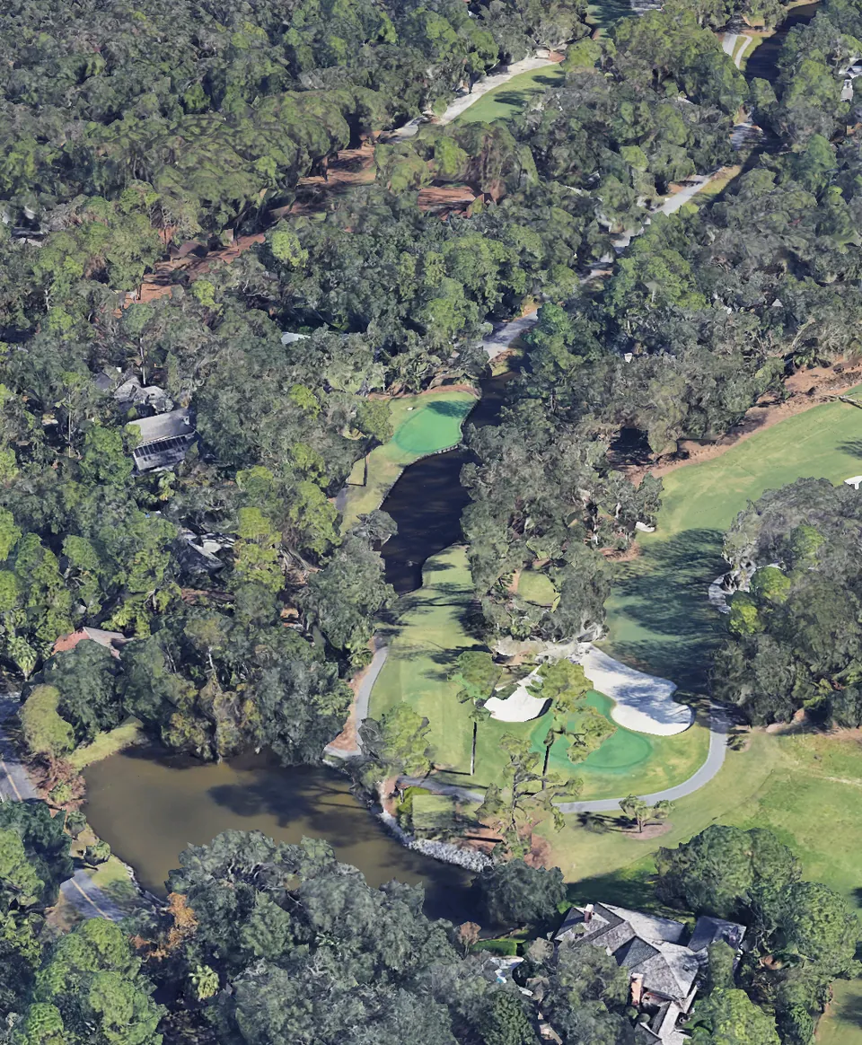 Aerial 3D view of hole 14, looking down the hole from behind the Blue tee