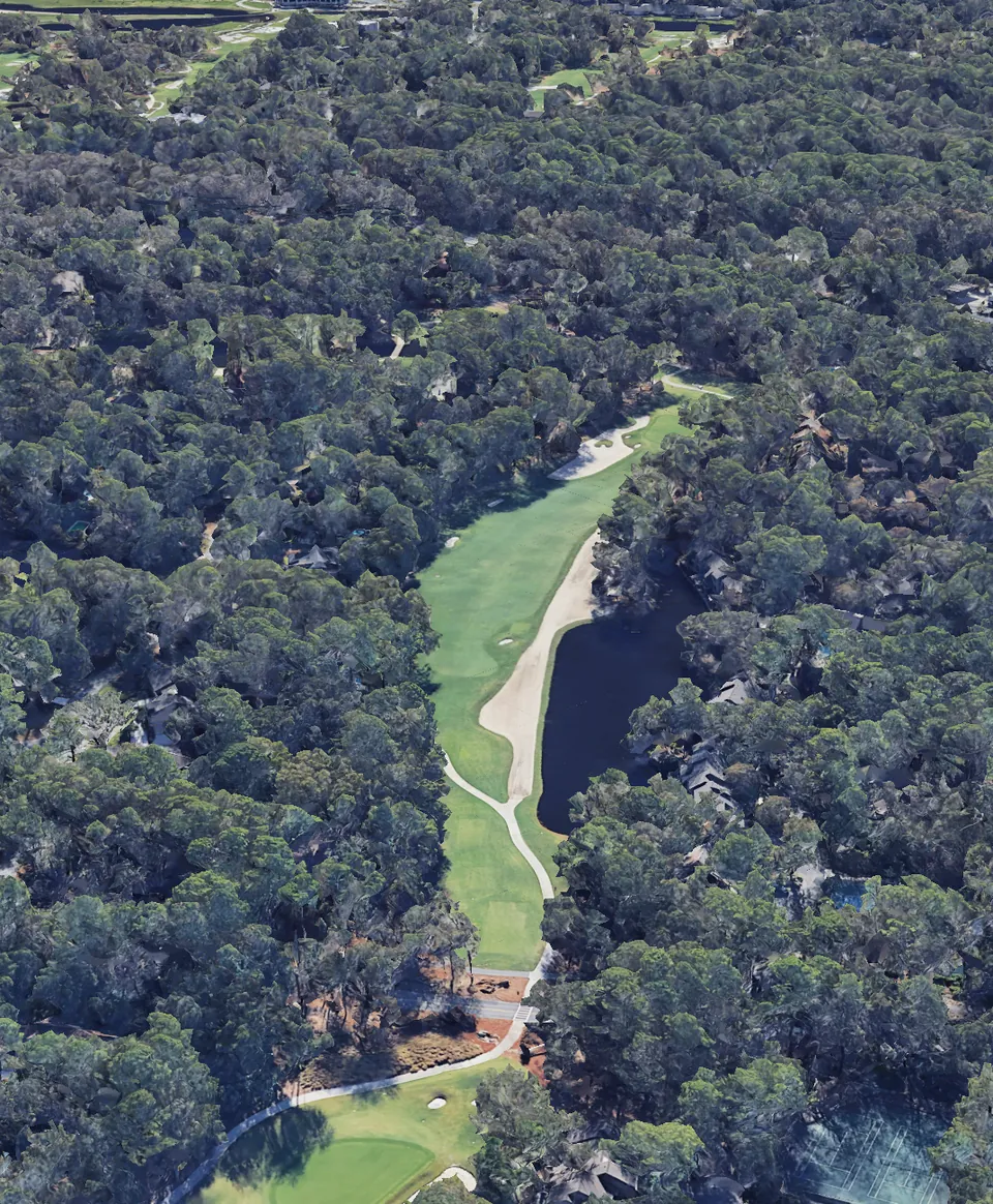 Aerial 3D view of hole 12, looking down the hole from behind the Blue tee
