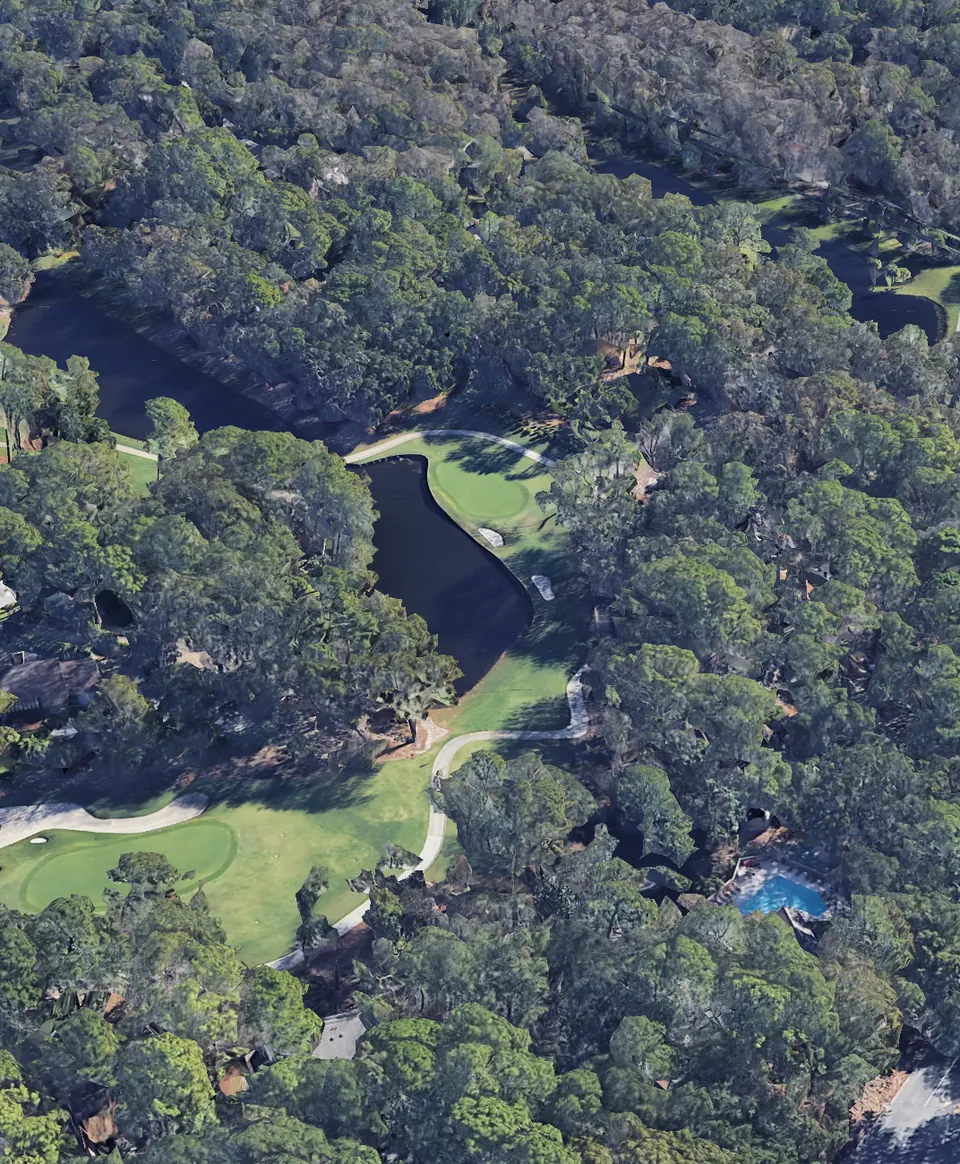 Aerial 3D view of hole 13, looking down the hole from behind the Blue tee