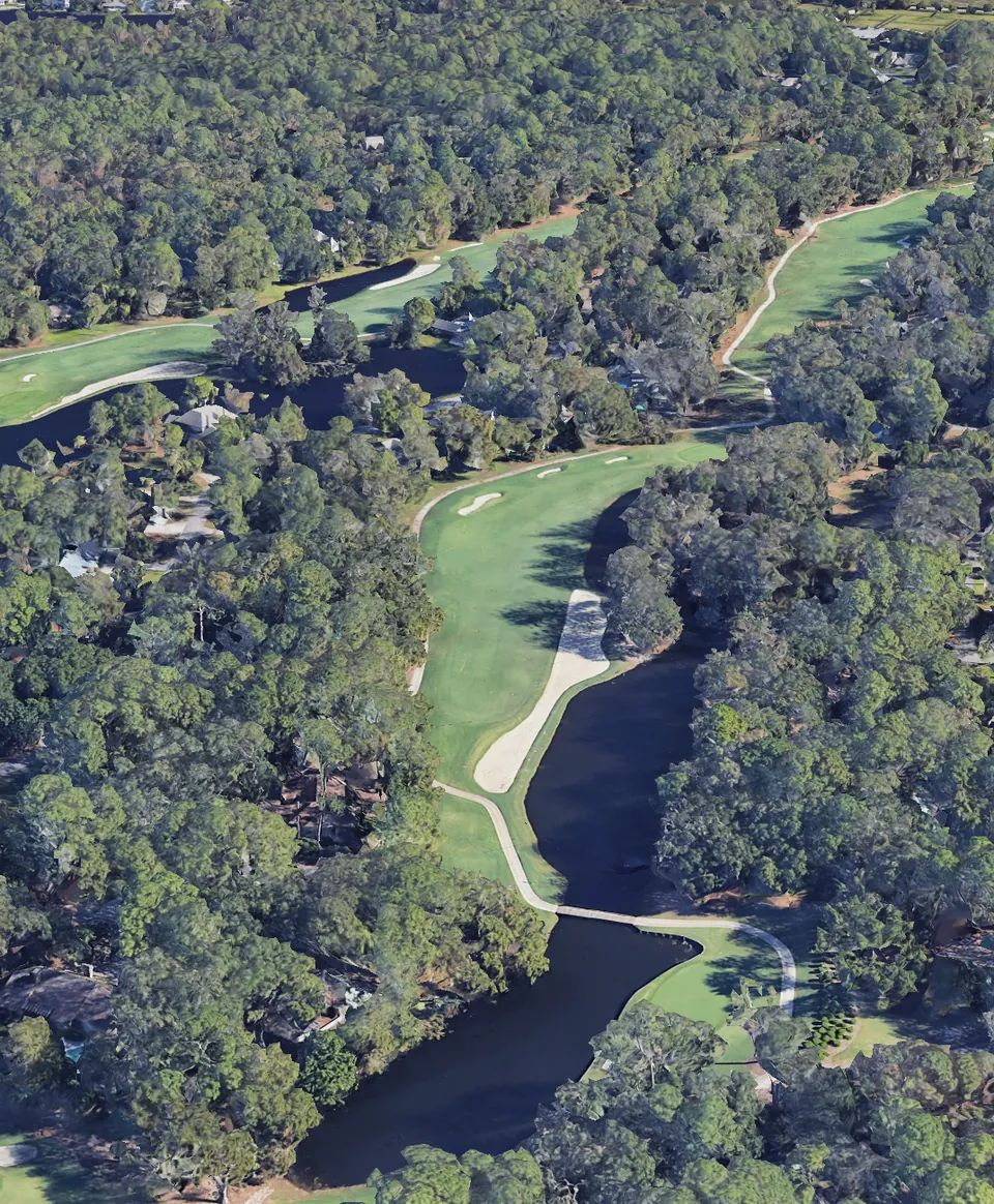 Aerial 3D view of hole 14, looking down the hole from behind the Blue tee