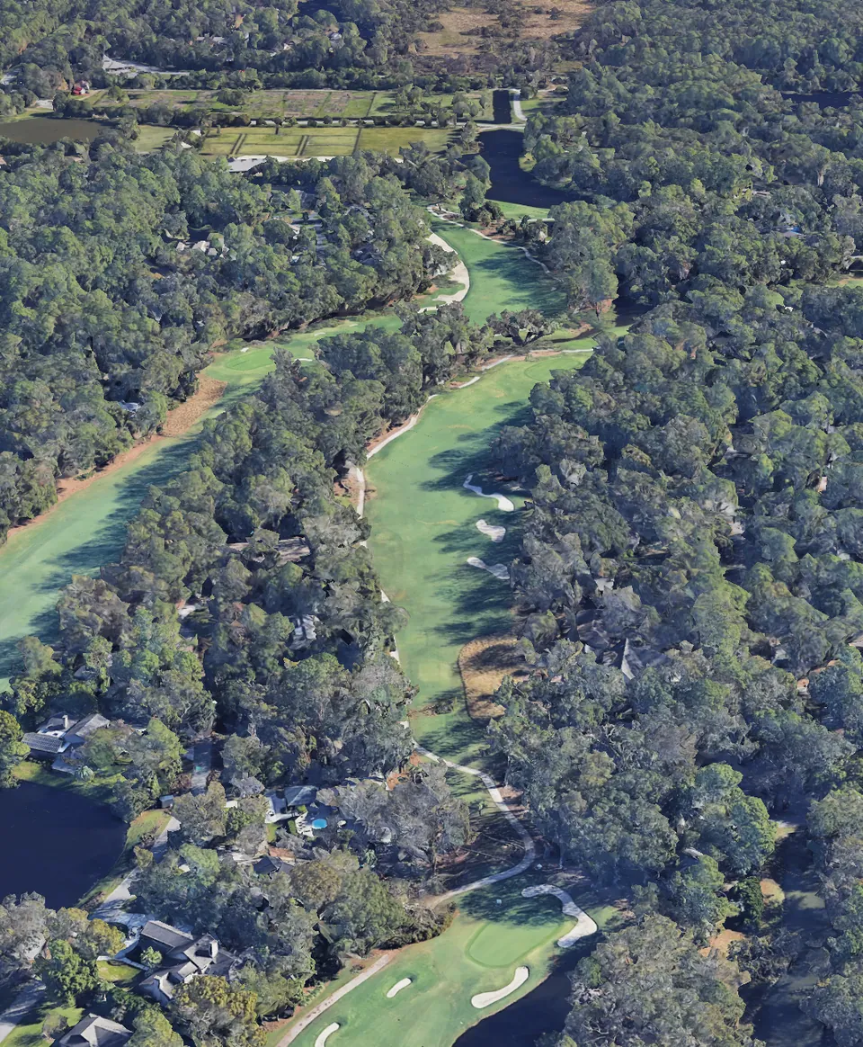 Aerial 3D view of hole 15, looking down the hole from behind the Blue tee