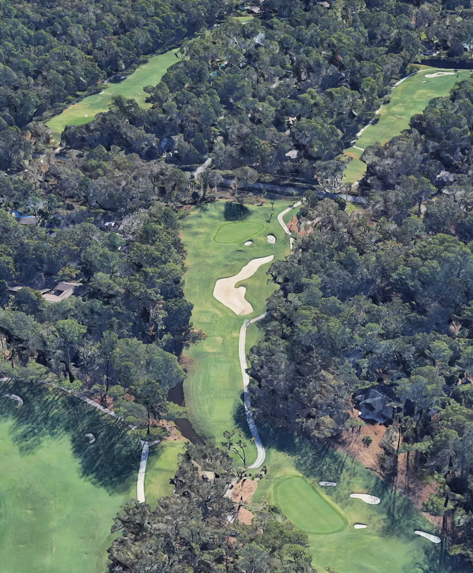 Aerial 3D view of hole 16, looking down the hole from behind the Blue tee